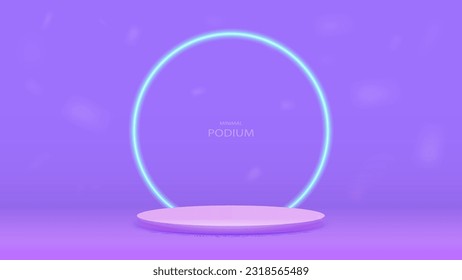 Ein leeres violettes Podium mit einem hellen neongrünen Rahmen. Eine Plattform auf rosafarbenem Boden für Kosmetik.