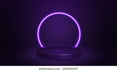 Empty purple podium with line neon ring on background. 3d render. illustration with abstract scene with purple neon frame