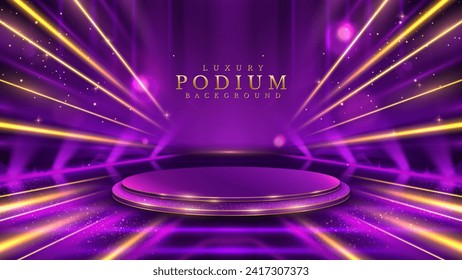 Empty purple podium with spotlight effects and gold beam with bokeh decorations. Luxury modern scene design concept. Vector illustrations.