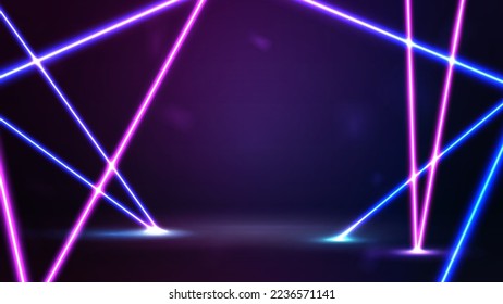 Empty purple scene with blue and pink neon line rays