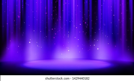 Empty purple scene with a dark blue background, a place lit by soft indigo color, glittering particles. Indigo background with soft glow, divine shine. Vector illustration