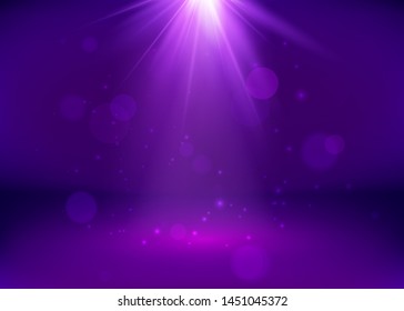 Empty Purple Studio and Spotlight. Bright shiny beads and glitter elements. Vector illustration