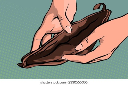 Bolso vacío en manos de una mujer. Cartera abierta sin dinero cerrado. Crisis financiera, desempleo y pobreza. Problema social. Dibujo gráfico gráfico gráfico vectorial de dibujos animados