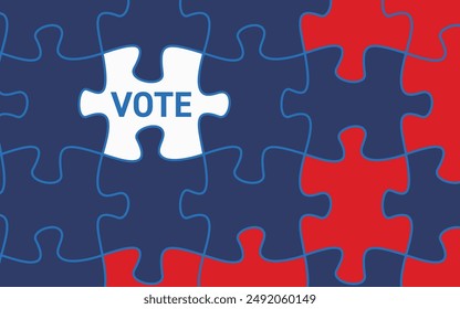 Leeres Puzzle mit Wählwort. BANNER der Präsidentschafts- oder Zwischenwahlen in den USA. Ihre Stimme ist von Bedeutung. Rote republikanische und blaue demokratische Kacheln. In: US Elections. Vektorgrafik