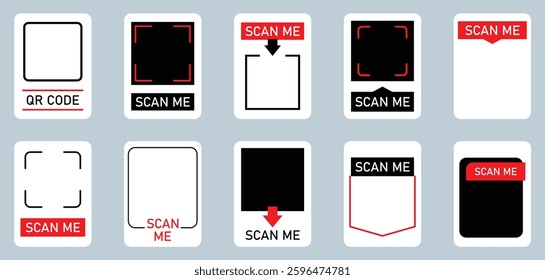 Empty qr code, barcode frames set isolated on a background. Scan me barcode Frames set in different style. Set of digital scanning qr code frame for payments. Vector illustration.