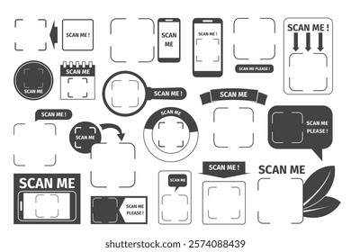 Empty qr codes frames set. Scan me electronic payments barcodes for e commerce, product or personal id info. Different places for scanning, recent vector set