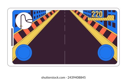 Pista de carreras vacía en la pantalla del teléfono inteligente 2D objeto de dibujos animados lineal. Panel de control de controlador virtual aislado elemento vector de línea de fondo blanco. Ilustración de punto plano de color de aplicación de juegos móvil