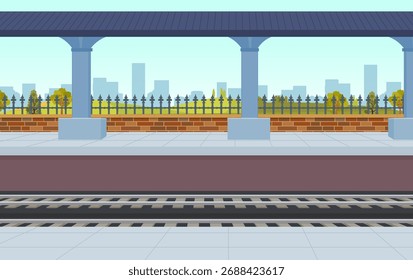 Vetor de fundo vazio da estação ferroviária, Estação de trem de desenhos animados, Trilhas de trem, Projeto de fundo, Ilustração de vetor