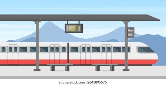 Empty railway station scene. Public train station concept. Vector stock