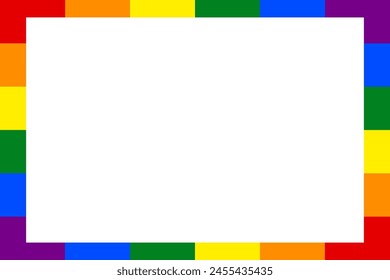 Empty rainbow rectangular frame isolated on a transparent background. Photo frame in the colors of the Pride flag. Blank frame for pride month. Vector illustration.