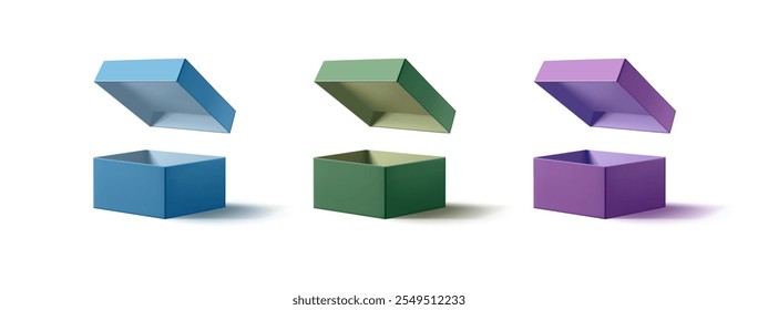 Cajas realistas vacías con tapas abiertas, 3D. Para conceptos de marca, empaquetado de productos, productos, ventas promocionales y ofertas. Ilustración vectorial.