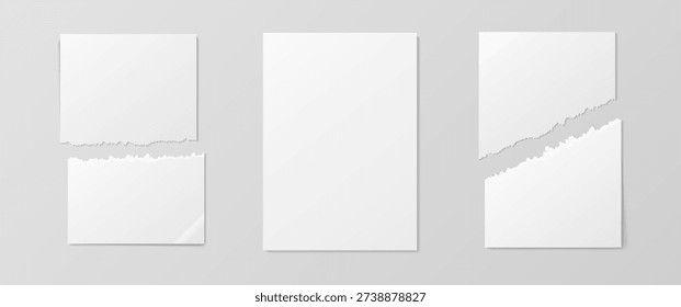 Empty realistic detailed school paper sheet mockup isolated on white background. For your image, logo, text or design. Blank clear paper mockup with shadows. Torn business sheet. Vector illustration