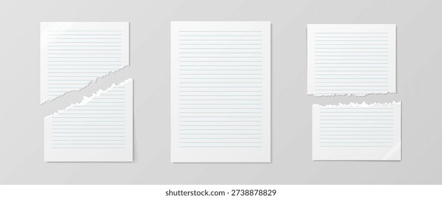 Empty realistic detailed school paper sheet mockup isolated on white background. For your image, logo, text or design. Blank paper lines mockup with shadows. Torn business sheet. Vector illustration