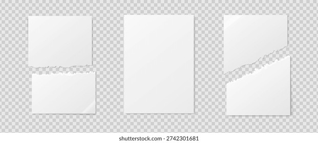 Empty realistic detailed school paper sheet mockup isolated on transparent background. For your image, logo, text or design. Blank clear paper mockup with shadows. Torn business sheet. Vector illustration