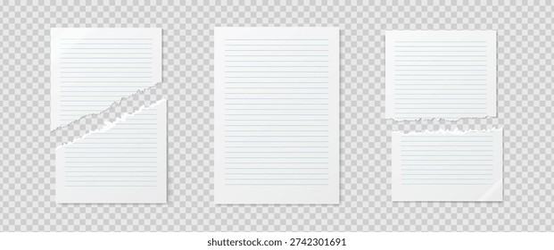 Empty realistic detailed school paper sheet mockup isolated on transparent background. For your image, logo, text or design. Blank paper lines mockup with shadows. Torn business sheet. Vector illustration