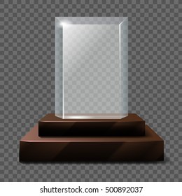 Empty realistic glass trophy awards vector statue. Glossy transparent trophy for award illustration. Promotional objects mock up.