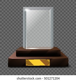 Empty realistic glass trophy awards vector statue with empty golden board. Glossy transparent trophy for award illustration. Promotional objects mock up.