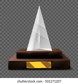 Empty realistic glass trophy awards vector statue with empty golden board. Glossy transparent trophy for award illustration. Promotional objects mock up.
