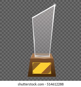 Empty realistic glass trophy awards vector statue with empty golden board. Glossy transparent trophy for award illustration. Promotional objects mock up.