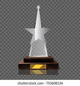 Empty realistic glass trophy statue with metal star on head and with empty golden board. Promotional objects mock up. Vector illustration