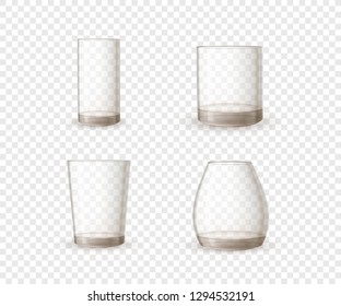 Empty realistic glossy glasses in different shape on transparent background