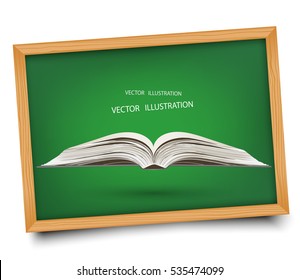 Empty realistic green board. Open book on blackboard. Text book with green board background, vintage tone. Vector illustration modern design template.