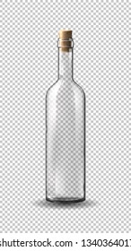 Botella de vino hueca y realista aislada sobre fondo transparente. Ilustración vectorial con frasco de vidrio transparente.