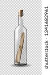 Empty realistic wine bottle with message. Vector illustration with transparent glass bottle with paper scroll.