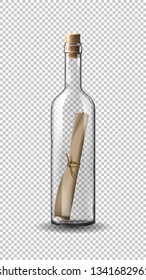 Empty realistic wine bottle with message. Vector illustration with transparent glass bottle with paper scroll.