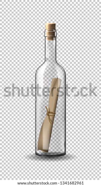 Empty\
realistic wine bottle with message. Vector illustration with\
transparent glass bottle with paper\
scroll.