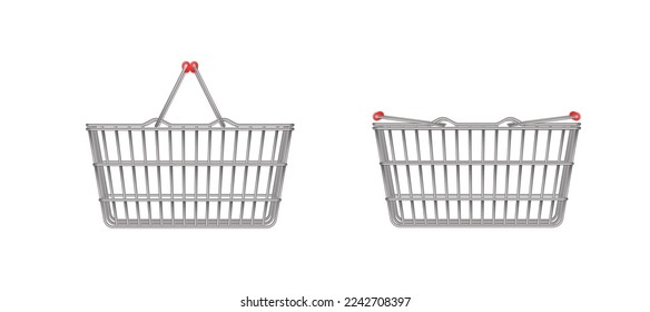 Empty realistic wire supermarket shopping basket. Folding handles and unfolded handles. Store basket on white isolated background. Metal shopping cart. Vector illustration.