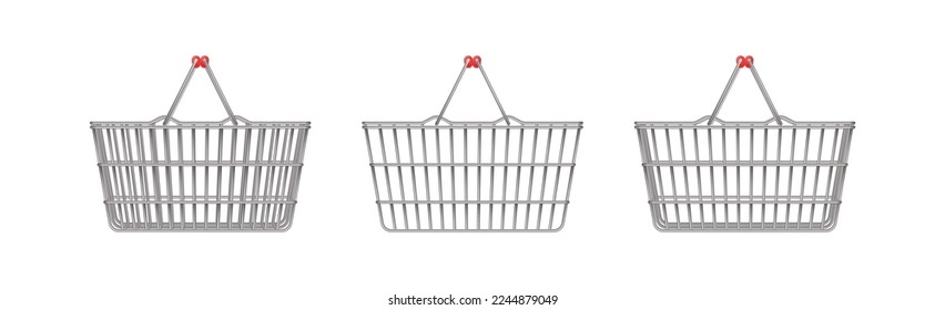 Empty realistic wire supermarket shopping basket. Colored handles. Store basket on white isolated background. Metal shopping cart. Vector illustration.