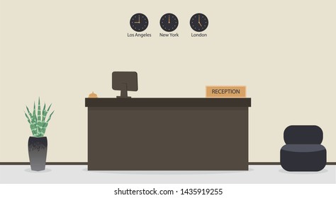 Empty reception desk in hotel or bank, receptionist workplace. Waiting room, hall in business office, modern interior with furniture, armchair for customers.Vector illustration