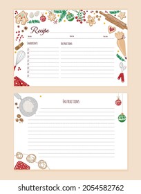 Empty recipe card template with colorful cooking utensils, baking ingredients and spices in christmas-style.Cookbook pages for christmas cooking and baking.Vector flat illustration. 