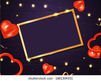 Empty Rectangle Frame With 3D Red Hearts And Lighting Garland Decorated On Purple Wooden Texture Background.