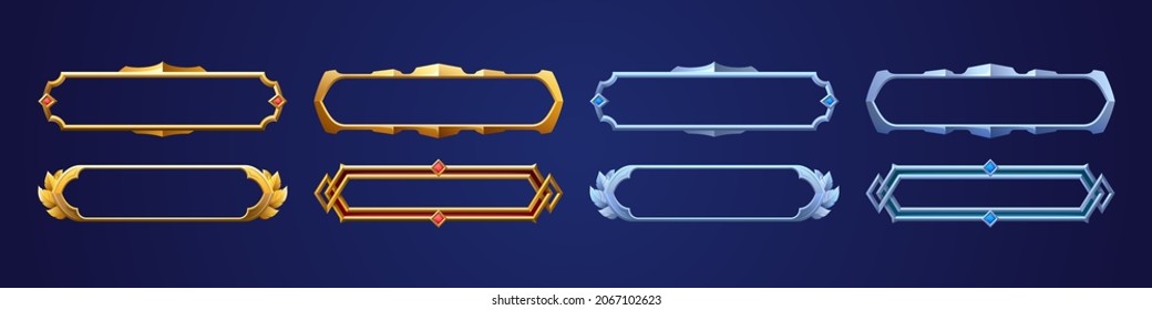 Empty rectangle frames in medieval style for game ui design. Vector cartoon set of user interface elements with golden and silver border with leaves and gems isolated on background