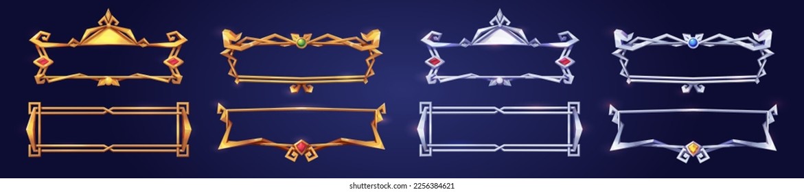 Empty rectangle frames in medieval style for game ui design. Vector cartoon set of user interface elements with golden and silver ornate border, decorated with gems, isolated on background