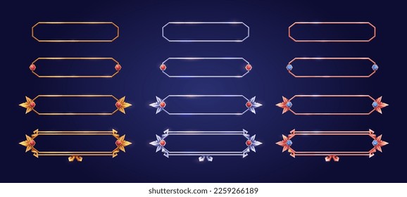 Empty rectangle frames in medieval style for game ui design. Vector cartoon set of user interface elements with golden bronze silver ornate flourish border, decorated with gems, isolated on background