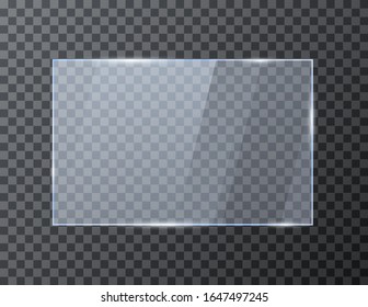 Banner de vidrio rectangular vacío. Plantilla de marco brillante con reflexión. Ilustración de vectores aislada en fondo transparente