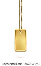 Empty rectangle gold military or dogs badge hanging on steel chain. Vector army object isolated on white background. Pendant with blank space for identification, blood type in case of injury