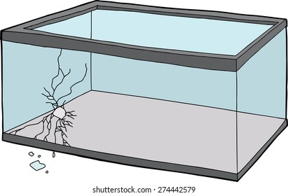 Empty rectangular fish tank with cracked glass and hole