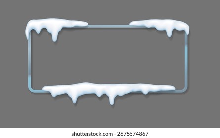 Empty rectangular sign with snowcovered edges on a gray backdrop. Ideal for winterthemed designs and festive displays. Cool tones convey a frosty ambiance.