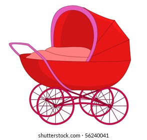 Empty red baby carriage with covered top on four wheels