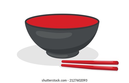 Empty red black bowl with chopsticks, shadow. Vector stock illustration isolated on white background for Asian cuisine template. EPS10