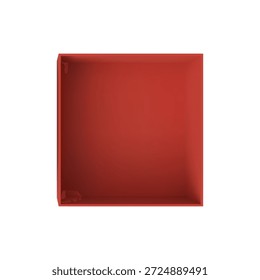 Caja de regalo roja vacía de la cartulina, vista superior, forma cuadrada. Maqueta para embalaje de regalo, almacenamiento, presentación del producto o exhibición del producto. Vector ilustración realista. Fondo sin fisuras.