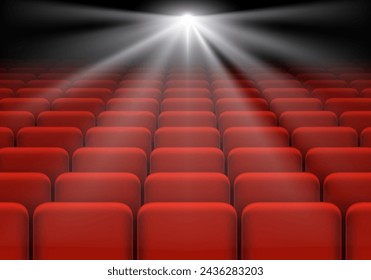 Empty red chairs in the cinema hall. Film projector beam. Stock vector illustration