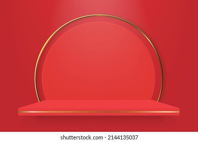 Empty red color shelf with shadow background. Template for premium, luxury product presentation
