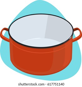 Empty Red Cooking Pot With Handles. Isolated. On Blue Background.