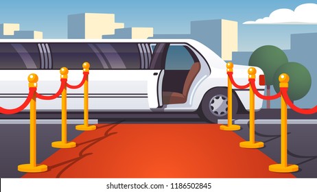 Empty red event carpet with rope barrier. Luxury ride limousine with opened door on cityscape background. Celebrity arrival, vip party and famous guest welcome template. Flat vector illustration