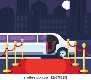 Empty red event carpet with rope barrier. Luxury ride limousine with opened door on cityscape background. Celebrity arrival, vip party and famous guest welcome template. Flat vector illustration